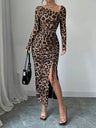 Long-sleeved, Slim-fit Leopard Print Drawstring Bodycon Top Mini&Short Dresses