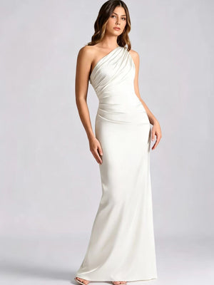 Asymmetrical Shoulder Pleated Satin Solid Color Maxi Dresses