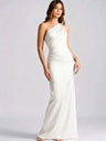 Asymmetrical Shoulder Pleated Satin Solid Color Maxi Dresses