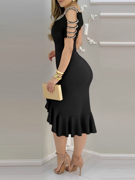 Ruffle Slit Pearl Decoration Midi Dresses