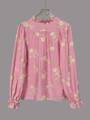 Floral Embroidery Color-blocked V-neck Lantern Sleeve Shirt