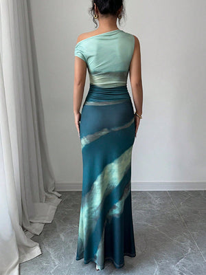 Sleeveless Sloping Shoulders Gradient Print Slim Fit Maxi Dresses