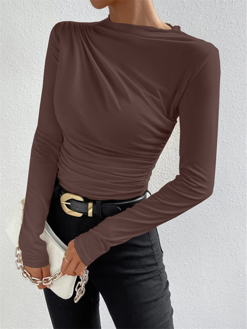 Solid Color Slim Fit Base Layer Versatile Pleated Long-sleeved T-shirt