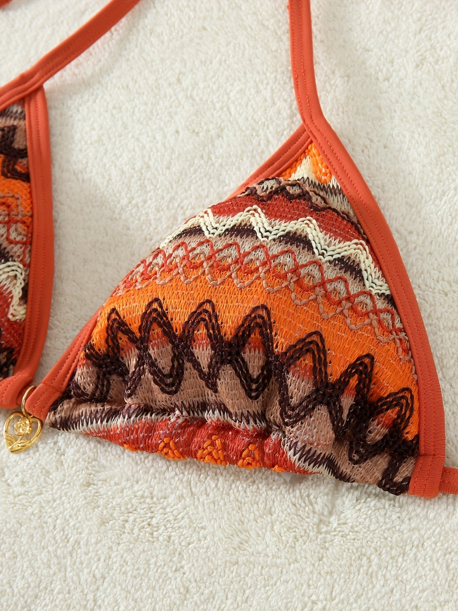 Knitted Color-blocked Striped Tie-up Bikini