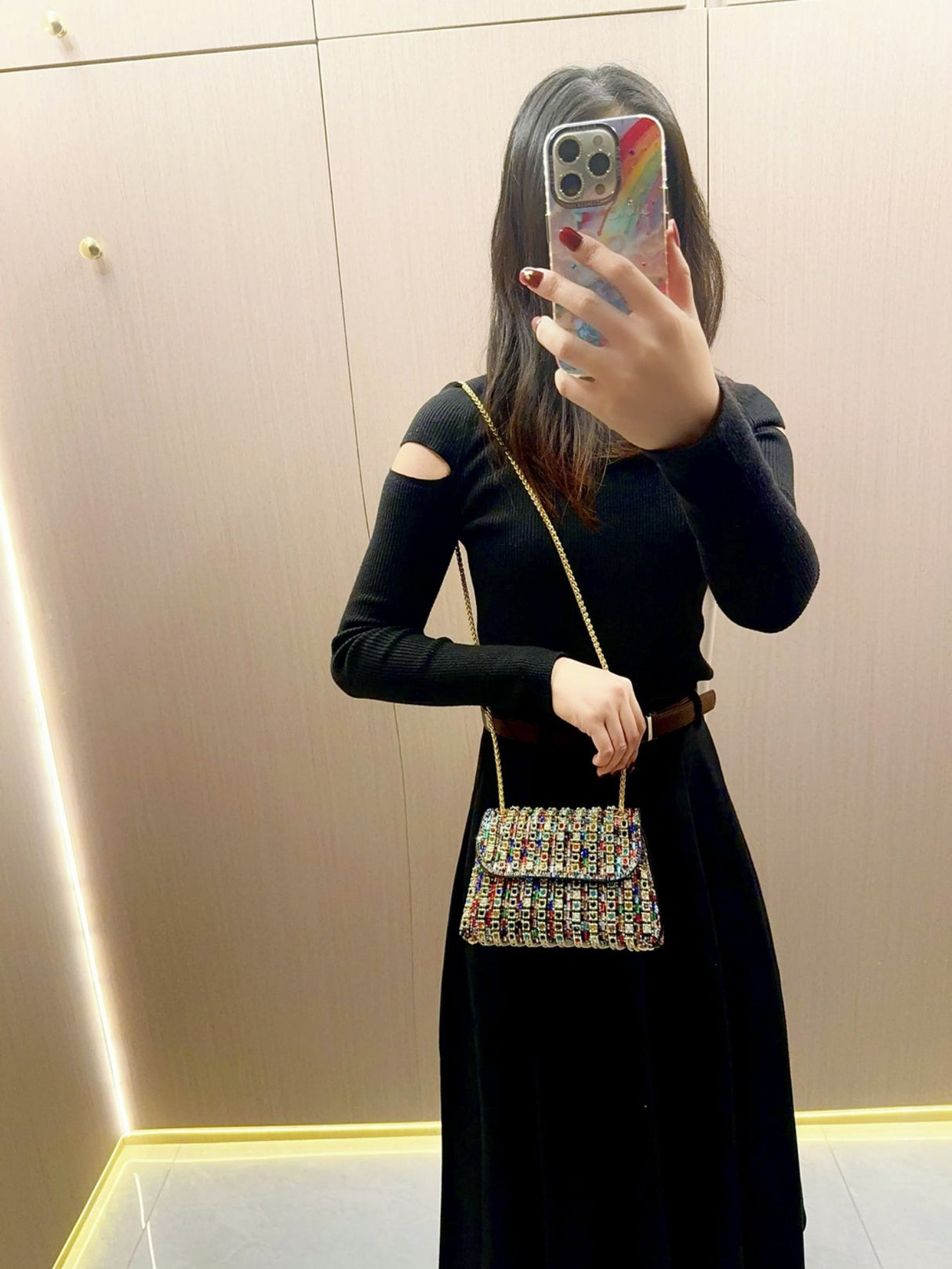 Liber Four Seasons ACC chain contrast color diamond underarm bag