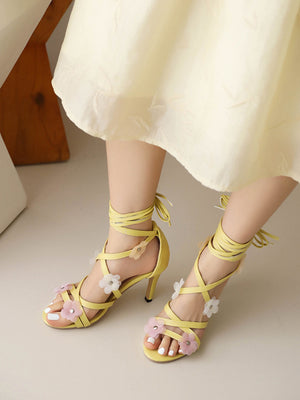 Color-blocked Floral Bohemian Style High-heeled Strappy Sandals