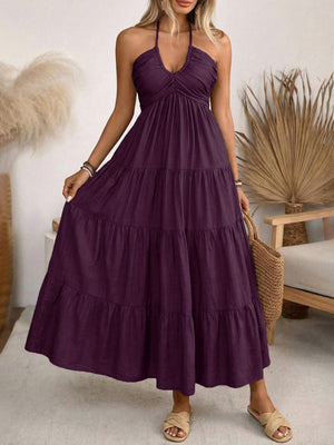 Halter V-neck Drawstring Loose-fit Vacation Maxi Dresses