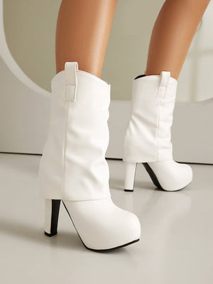 Patchwork Pleated High-heeled Mid-calf Women's Boots