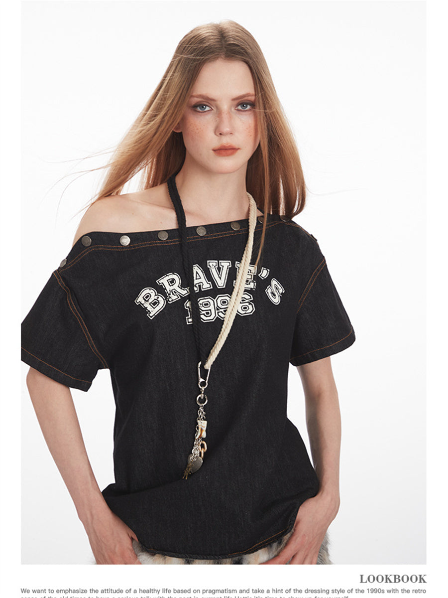 Liber Summer Women's Buttons Letters/Numbers/Words T-shirts