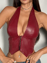 PU Leather Halter Button-down Style Waist Camisoles