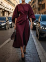 Solid Color Fitted Waist Dress, Casual Batwing Sleeve Long Skirt