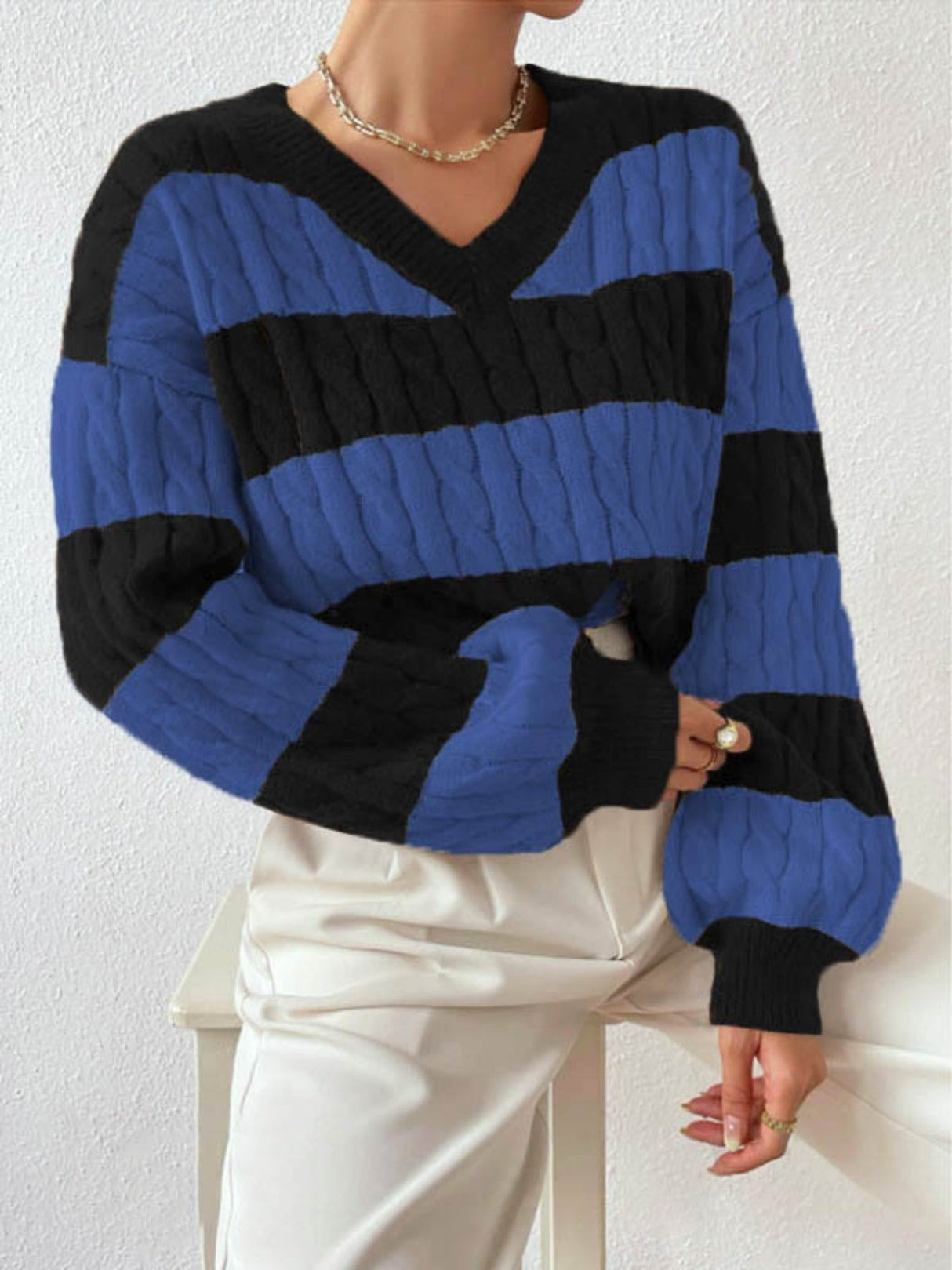 Stripes V-neck Color Matching Knitted Sweater