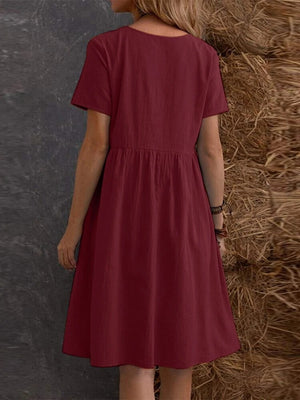 Retro Loose-fitting Pocket Solid Color Round Neck Cotton Linen Short Dress