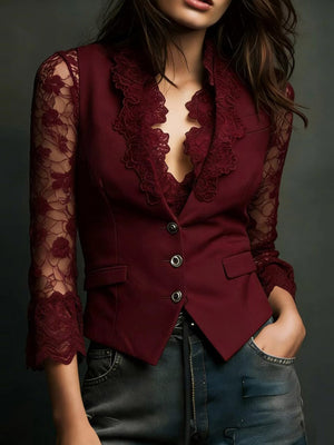 Lace Stitching V-neck Buttons Blouse