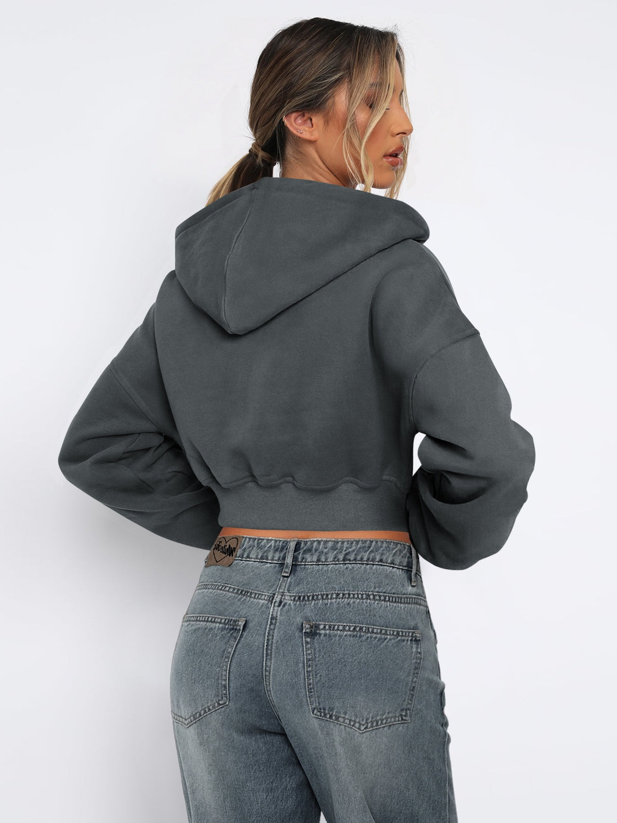 Women's Autumn/Winter Solid Color Zipper Cardigan Long Sleeve Short Hooded Sweatshirt