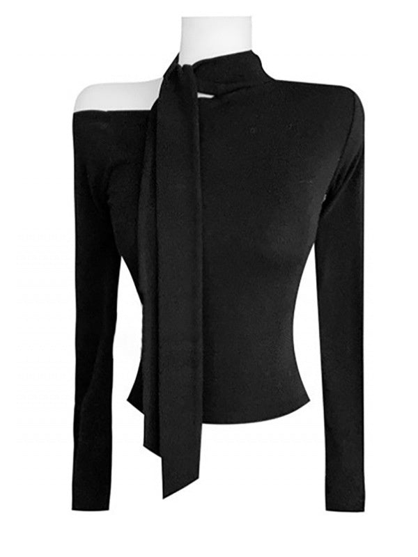 Elegant Tie-neck Fitted Long-sleeved T-shirt