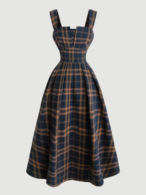 Plaid Camisoles Retro Waist Shaping Big Swing Midi Dresses