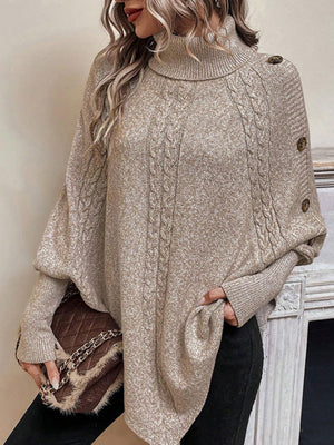 Khaki Cable Knit Turtleneck Buttons Batwing Sleeves Shawl Jacket
