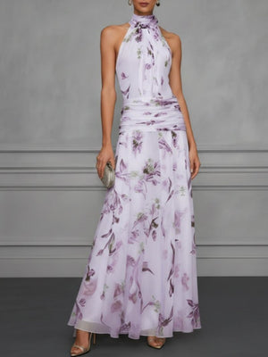 Halter Printed Temperament Waist Parties Maxi Dresses