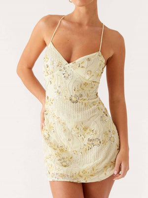 Sequin Beads Spaghetti Strap Backless Tie Sweet Mini&Short Dresses