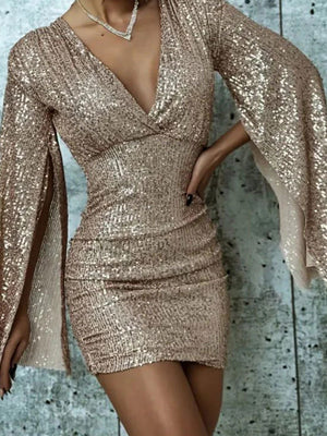 V-neck Hip-hugging Irregular Sequins Cloak Parties Mini&Short Dresses