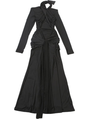 Solid Color Ribbon Long-sleeved Dress With Hip-lifting Sexy Slim-fitting Maxi Dress For Women