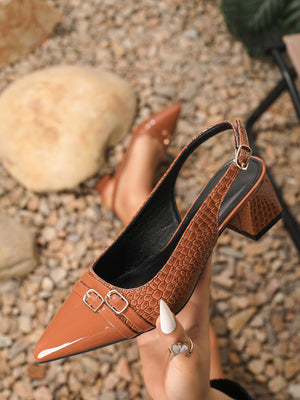 Pointed-toe Embossed Patchwork Open-back High Heels