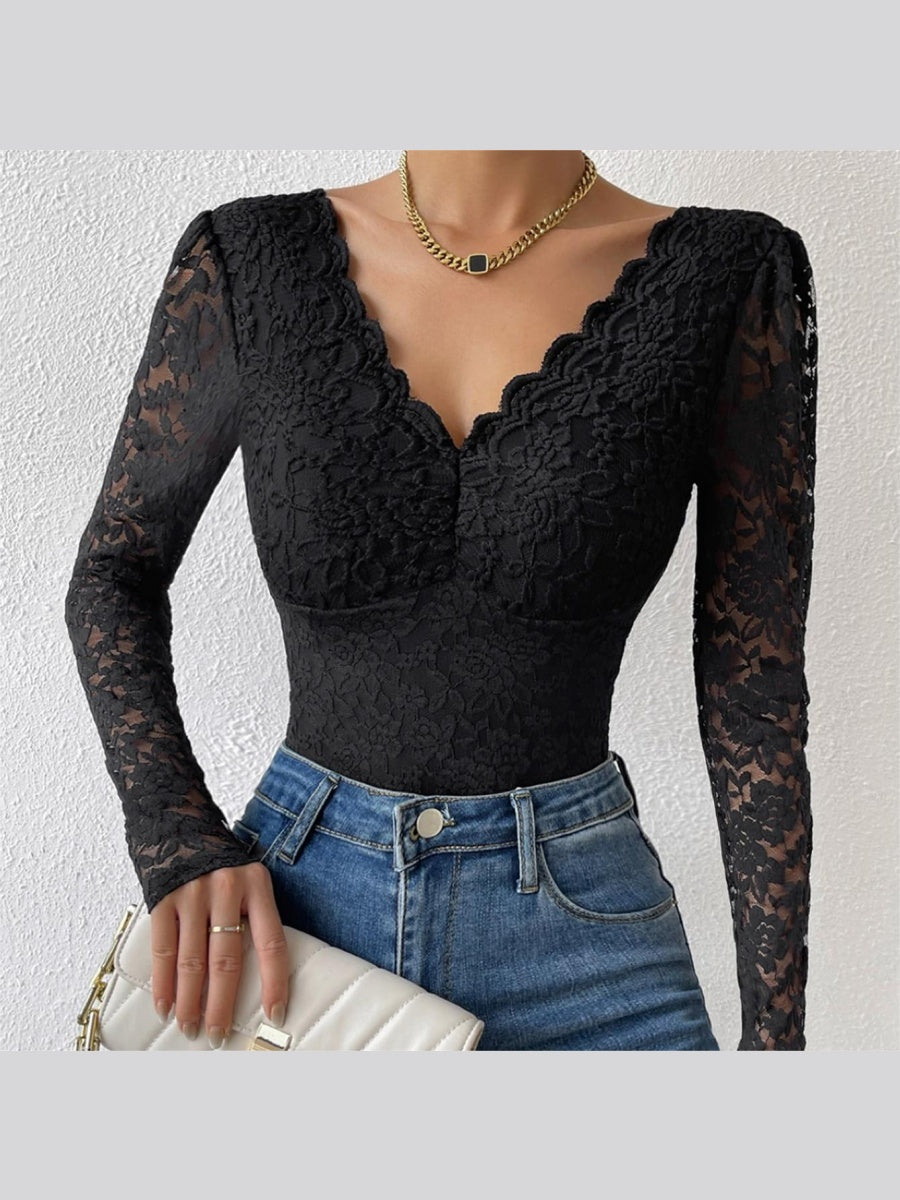 Lace Long Sleeve Perspective Slim Fit Bodysuit