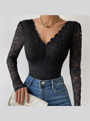 Lace Long Sleeve Perspective Slim Fit Bodysuit