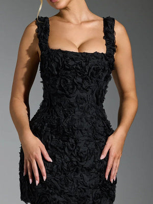 Square Collar 3D Flowers Slim Fit Sleeveless Tie Mini&Short Dresses