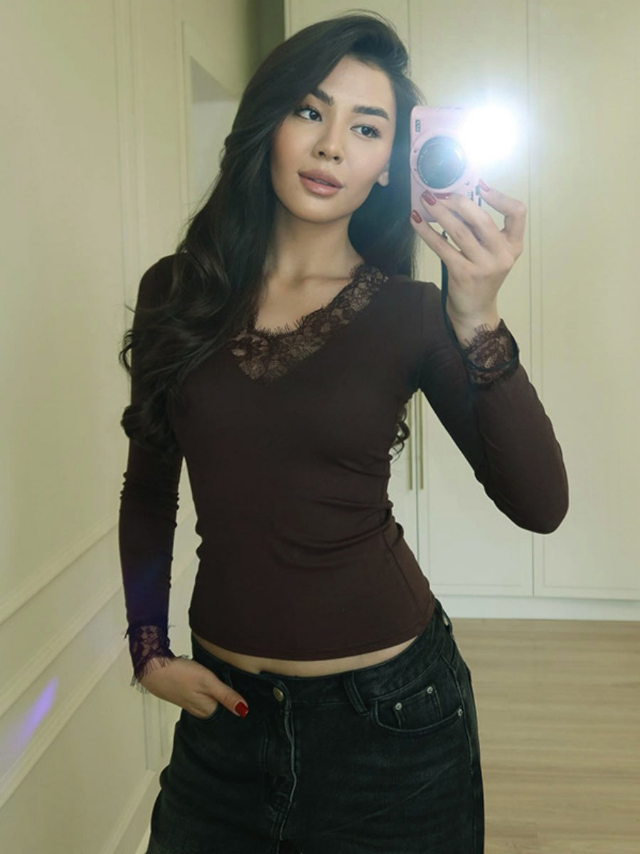 V-neck Lace Trim Waist T-shirts