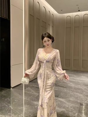 [Slip Dress + Floral Cardigan] Sexy Two-Piece Set With Printed V-Neck Lace Trim And Slim Fit