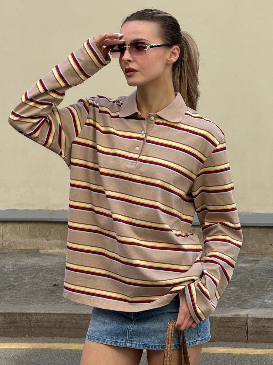 Long-sleeved Striped T-shirt, Polo Collar, Loose-fitting T-shirt