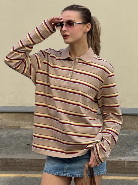 Long-sleeved Striped T-shirt, Polo Collar, Loose-fitting T-shirt
