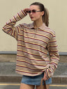 Long-sleeved Striped T-shirt, Polo Collar, Loose-fitting T-shirt