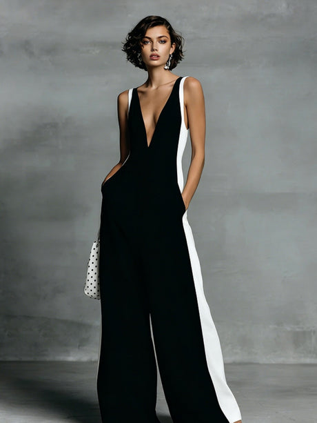Black And White Cotton Linen Color-blocked Spaghetti Strap Jumpsuit