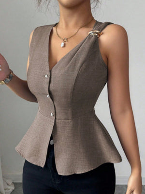 Metal Buckle Design V-neck Sleeveless Fitted Waist Vest