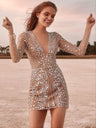 Deep V Long Sleeve Polka Dot Sequins Mini&Short Dresses