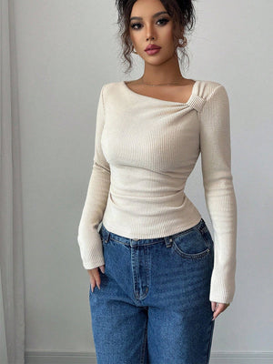 Apricot Bow Slim Fit Knitting Long Sleeve T-shirts