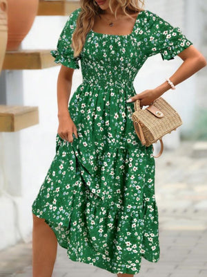Floral Print Square Neckline And Puff Sleeves Maxi Dresses