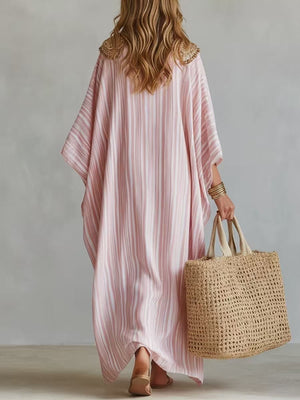 Striped Digital Print V-neck Three-quarter Sleeve Long Dress