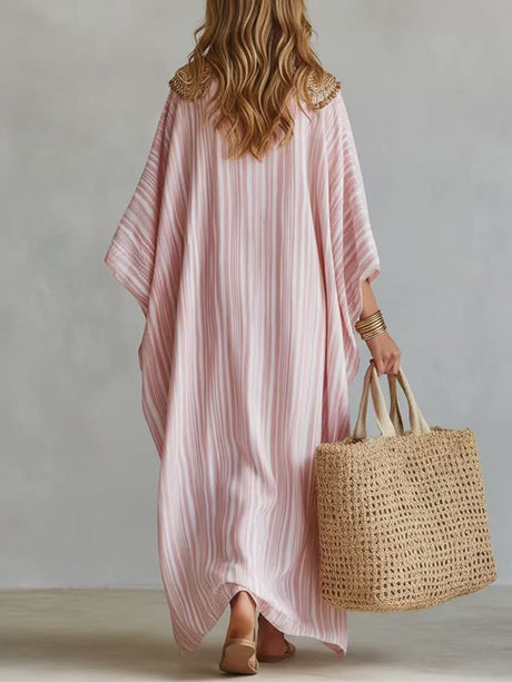 Striped Digital Print V-neck Three-quarter Sleeve Long Dress