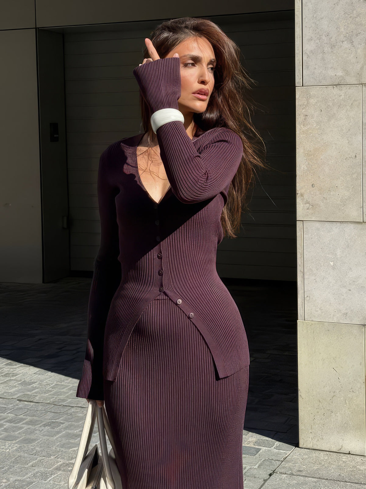French-style Button-down Design, Flared Sleeves, Sophisticated Two-piece Sweater And Skirt Set, New Autumn/winter Style, High-waisted Knitwear Set.