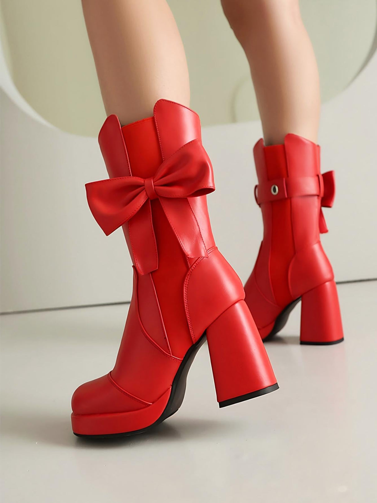 Platform Chunky Heel Bow Buckle Elastic Mid-calf Women's Boots