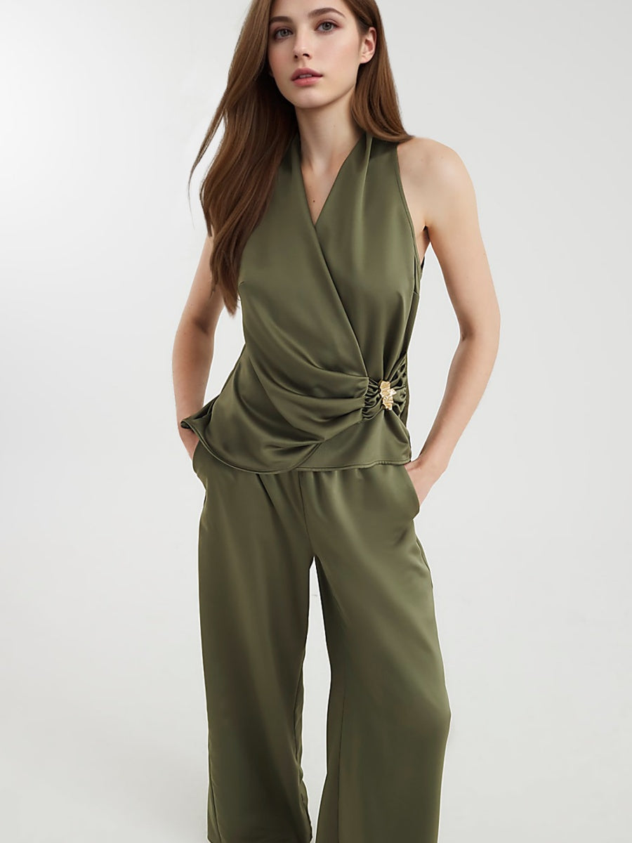 Halter Wrap Loose-fit Wide Leg Pants Jacket 2-piece Sets