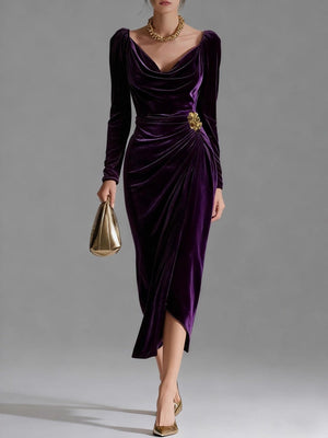 Velvet Cowl Neck Midi Party Dress