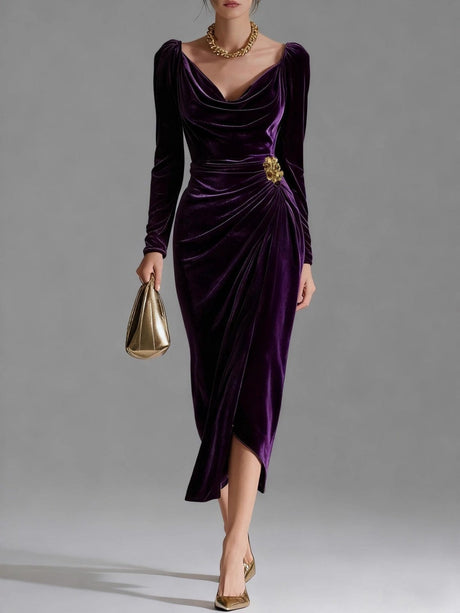 Velvet Cowl Neck Midi Party Dress
