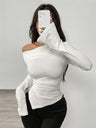 V-neck, Off-shoulder, Two-way Design, Slim Fit, Pleated, Irregular Long-sleeved T-shirt
