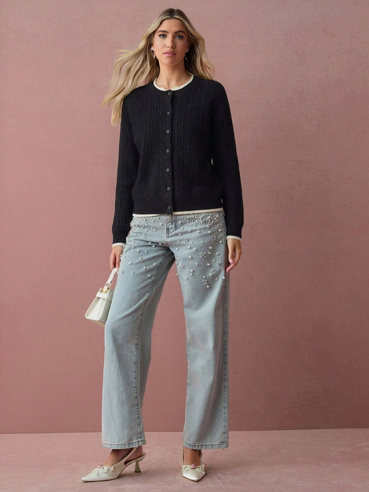 Cable Knit Color-blocked Trim Faux Two-piece Round Neck Knit Cardigan