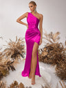 High-end Party Dress With One-shoulder Pleats, Fitted Design, And Slit.
